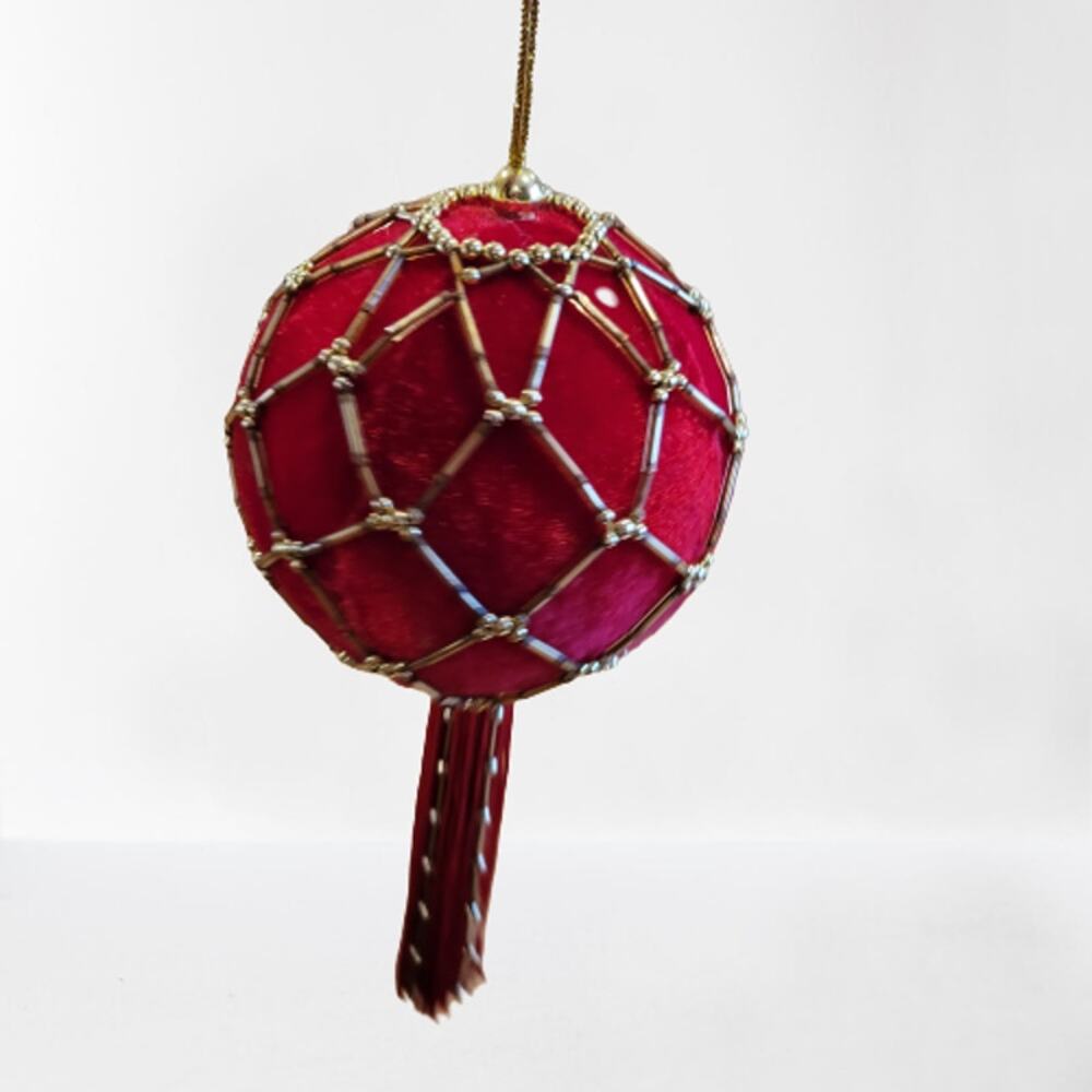 Vintage artisan beaded sequin satin Christmas ornament shiny gold tone